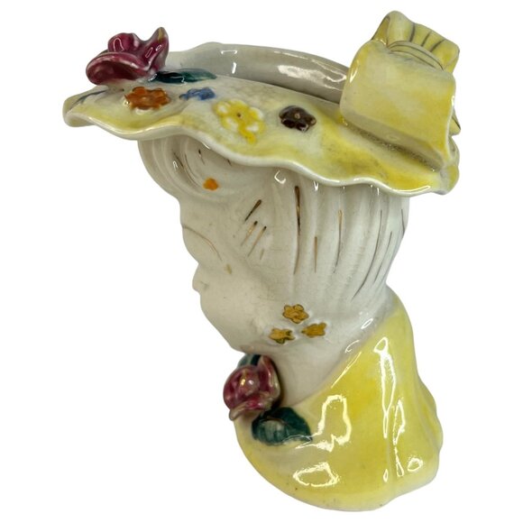 Vintage Acme Ware Lady Head Vase Yellow With Flowers Gold Accents Made Japan VTG - Picture 3 of 10